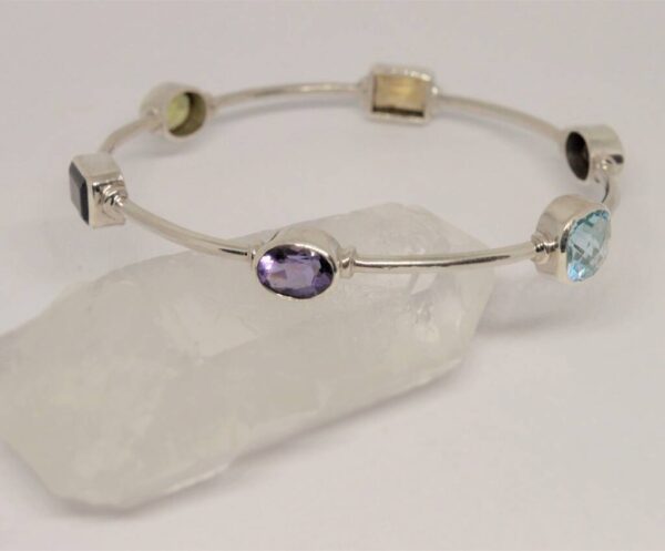 Multi Gemstones Sterling Silver Bangle Bracelet - Image 2