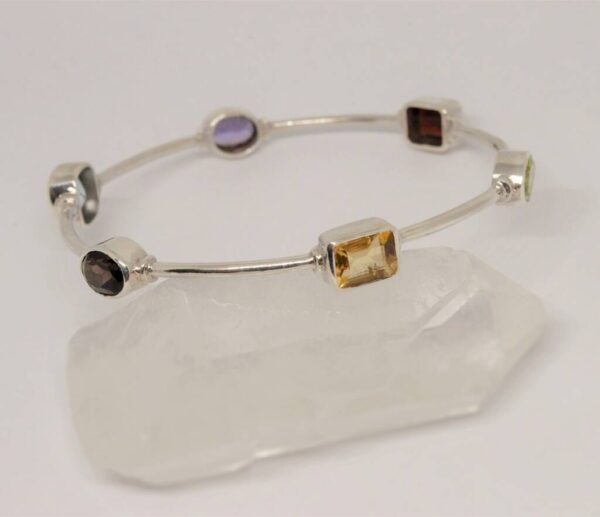 Multi Gemstones Sterling Silver Bangle Bracelet - Image 3