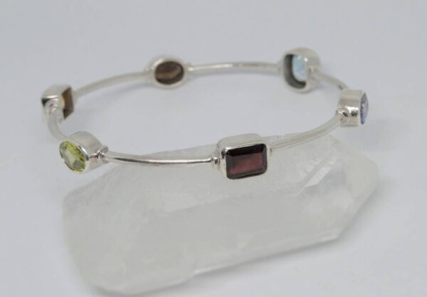Multi Gemstones Sterling Silver Bangle Bracelet - Image 4