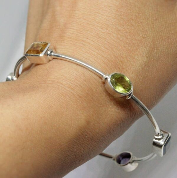 Multi Gemstones Sterling Silver Bangle Bracelet