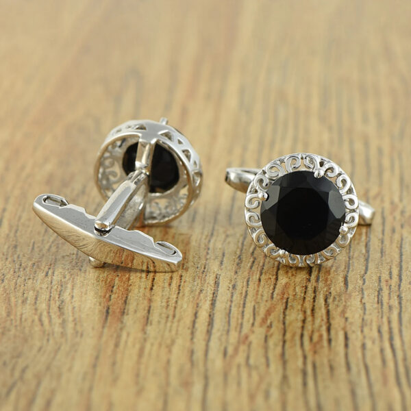 925 Sterling Silver Black Onyx Cufflinks – Round Cut Gemstone Cufflinks for Men - Image 2