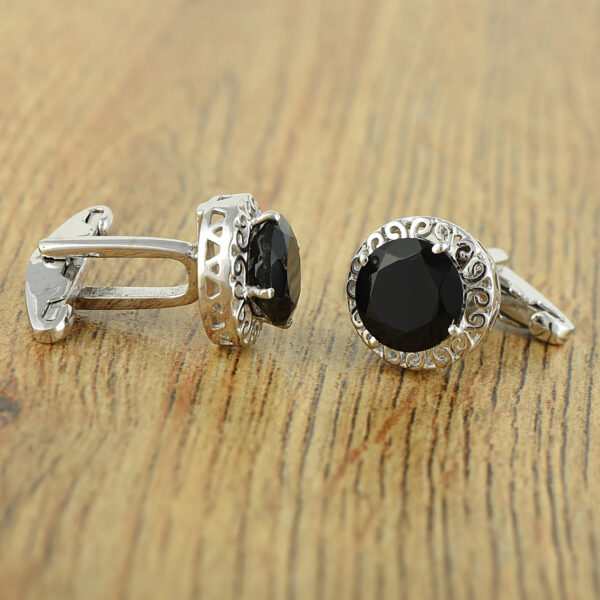 925 Sterling Silver Black Onyx Cufflinks – Round Cut Gemstone Cufflinks for Men - Image 3