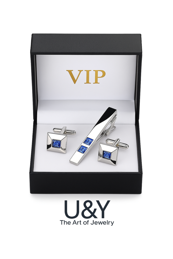 U&Y 925 Sterling Silver Blue Onyx Cufflinks & Lapel Pin | Luxury Gift for Men