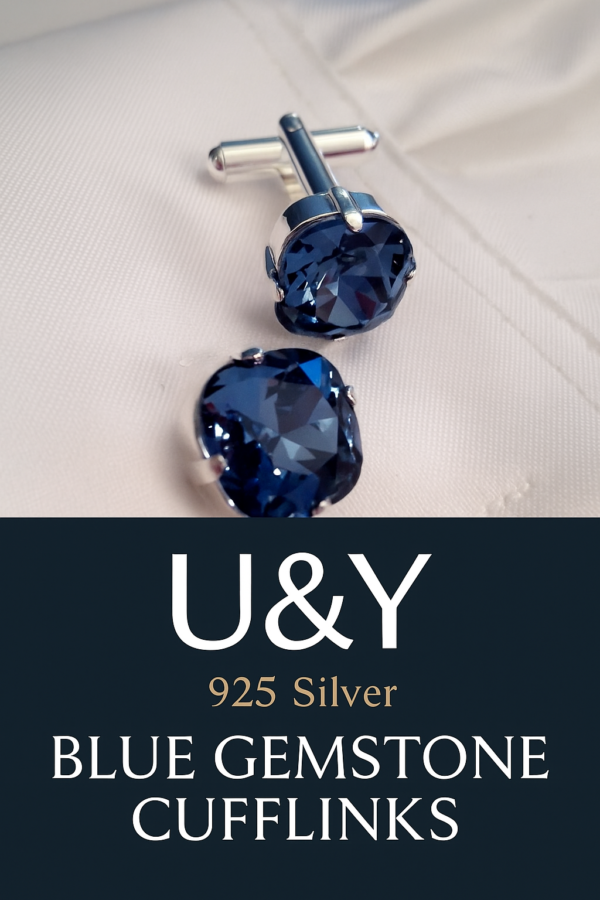 925 Sterling Silver Men's Cufflinks – Royal Blue American Diamond Cufflinks | U&Y Premium Collection - Image 2